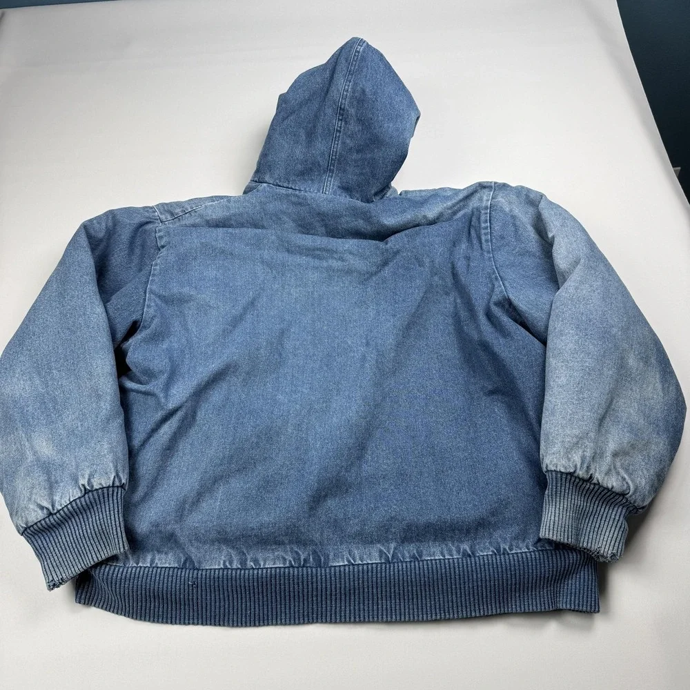 OshKosh Jacket Men's L Blue Denim Hooded Fleece Lined Bomber Plaid Zip Winter